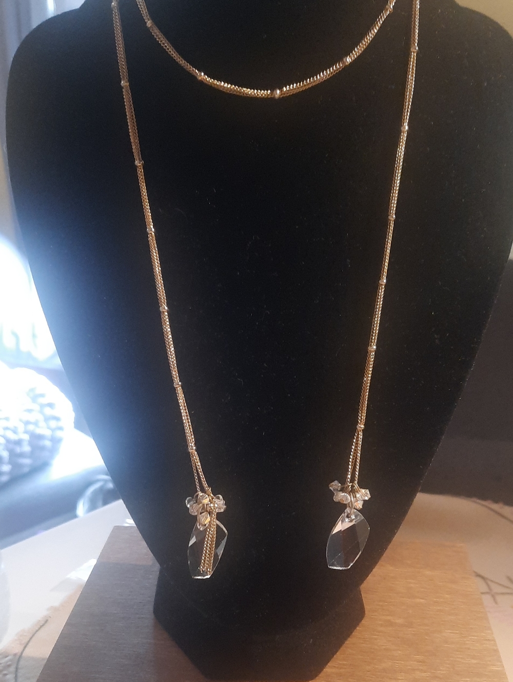 Gold Tone Long Pendant Necklace with Crystal Drops